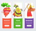 Radish, pear, banana banners set, funny fruits and vegetables characters cartoon vector elements for website or mobile