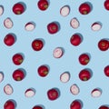 Radish and shadow in hard light on blue background as vegetable seamless pattern.