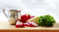 Radishes. Ingredients for radish spread or radish soup - radishes, butter, cream and green parsley. Royalty Free Stock Photo