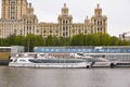 The Radisson Royal Flotilla pleasure boats stand at the pier of Taras Shevchenko Embankment on the Moskva River, known location