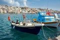 Raditional Greek fishing boat at port of Sitia town at eastern part of Crete island, Greece