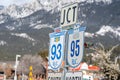 Radium Hot Springs, British Columbia, Canada - Janurary 20, 2019: Road signs indicate the junction of Highway 93 and 95 for Royalty Free Stock Photo