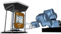 Radium symbol in square shape with metallic edge in front of a mechanical arm that will hold a chemical container. 3D render.
