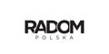 Radom in the Poland emblem. The design features a geometric style, vector illustration with bold typography in a modern font. The