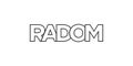 Radom in the Poland emblem. The design features a geometric style, vector illustration with bold typography in a modern font. The