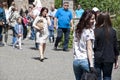 Radomyshl, Ukraine - June 06, 2017: crowded peopl. happy tourists walking in radomyshl park. travel concept. dtreet life speed