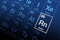 Radon on periodic table of the elements, with element symbol Rn