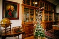 Radun castle interior, Neo-Classical chateau, library and bookshelves, wooden globe and man portrait, baroque and rococo carved