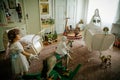 Radun castle interior, Neo-Classical chateau, nursery, crib and stroller for a child, toys, doll and rocking horse, cradle and