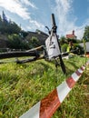 Mountainbikes laying in the grass before the start in depot