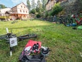 Lots of mountainbikes laying in the grass