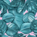 Raelistic leaves seamless pattern. Seamless pattern with isolated realistic blue leaves on a trendy pink background