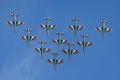 Frecce Tricolori formation display team of the Italian Air Force Aeronautica Militare Italiana flying Aermacchi MB-339PAN aircra Royalty Free Stock Photo