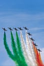 Frecce Tricolori formation display team of the Italian Air Force Aeronautica Militare Italiana flying Aermacchi MB-339PAN Royalty Free Stock Photo