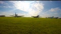 RAF fighter aircraft from the Battle of Britain era parked at an airfield Royalty Free Stock Photo