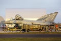 RAF Typhoons at sunset on the ground at RAF Coningsby - stock photo Royalty Free Stock Photo