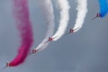 Royal Air Force RAF Red Arrows formation aerobatic display team flying British Aerospace Hawk T.1 Jet trainer aircraft.