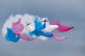 Royal Air Force RAF Red Arrows formation aerobatic display team flying British Aerospace Hawk T.1 Jet trainer aircraft.