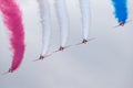 Royal Air Force RAF Red Arrows formation aerobatic display team flying British Aerospace Hawk T.1 Jet trainer aircraft. Royalty Free Stock Photo