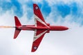 Royal Air Force RAF Red Arrows formation aerobatic display team flying British Aerospace Hawk T.1 Jet trainer aircraft.