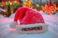 A raffia hat resting on snow with blurred colorful Christmas lights glowing in the evening background. Royalty Free Stock Photo