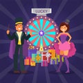 Raffle magician prizes vector illustration. Lucky win in wheel of fortune. Festively dressed hosts man and woman