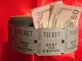 Raffle tickets and fifty dollar bills