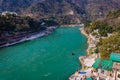 Raft boat many at the middle of ganges river from top angle Royalty Free Stock Photo