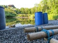 Raft building equipment on the riverbank Royalty Free Stock Photo