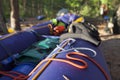 Raft is drying. Rest point on island. Water rafting in North lakes and rivers. Karelia