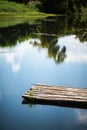 Raft is empty floating on the lake.