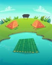 A raft on a lake made of bamboo wood. camping into the wild forest pond fishing shore with blue water and green grass field meadow