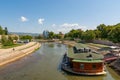 Raft restaurant on river Nisava and a quay promenade park