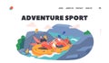 Rafting Adventure Sport Landing Page Template. Sportsmen Rowing in Rubber Boat Down the Rocky Mountain River