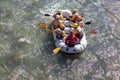 Rafting boat colors people rowing in Arahthos river Arta Greece