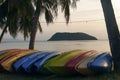 Rafting boats lie along the beach. Royalty Free Stock Photo