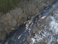 Rafting on the Jagala River in winter, drone air photography