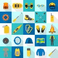 Rafting kayak icons set, flat style Royalty Free Stock Photo