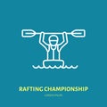 Rafting, kayaking flat line icon. Vector illustration of water sport - happy rafter with paddle in river boat. Linear Royalty Free Stock Photo