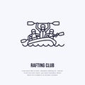 Rafting, kayaking flat line icon. Vector illustration of water sport - happy rafters with paddles in river raft. Linear