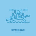 Rafting, kayaking flat line icon. Vector illustration of water sport - happy rafters with paddles in river raft. Linear Royalty Free Stock Photo