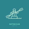 Rafting, kayaking flat line icon. Vector illustration of water sport - rafter with paddle in river boat. Linear sign Royalty Free Stock Photo
