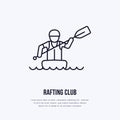 Rafting, kayaking flat line icon. Vector illustration of water sport - rafter with paddle in river raft. Linear sign Royalty Free Stock Photo