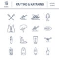 Rafting, kayaking flat line icons. Vector illustration of water sport equipment - river raft, kayak, canoe, paddles