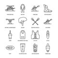 Rafting, kayaking flat line icons. Vector illustration of water sport equipment - river raft, kayak, canoe, paddles