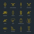 Rafting, kayaking flat line icons. Vector illustration of water sport equipment - river raft, kayak, canoe, paddles