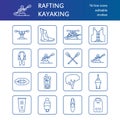 Rafting, kayaking flat line icons. Vector illustration of water sport equipment - river raft, kayak, canoe, paddles