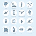 Rafting, kayaking flat line icons. Vector illustration of water sport equipment - river raft, kayak, canoe, paddles