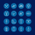 Rafting, kayaking flat line icons. Vector illustration of water sport equipment - river raft, kayak, canoe, paddles Royalty Free Stock Photo