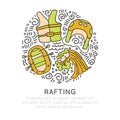 Rafting sketch illustration with rafting boat and people with oars. Vector icon set about water rafting outdoor
